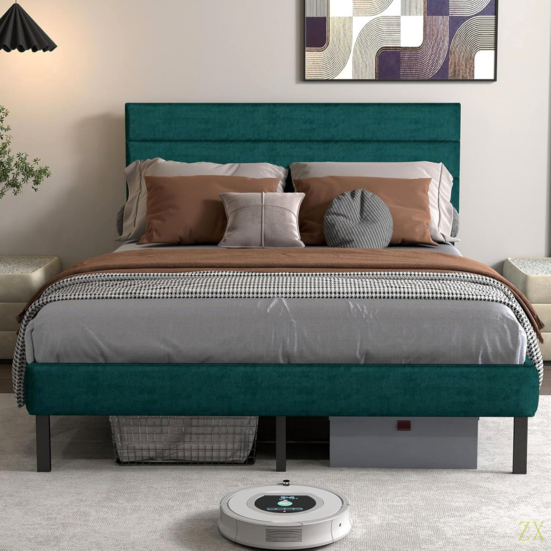 Base de lit tapissier grand format avec tête de lit, aucun sommier requis, rangement sous le lit 14 po, Vert