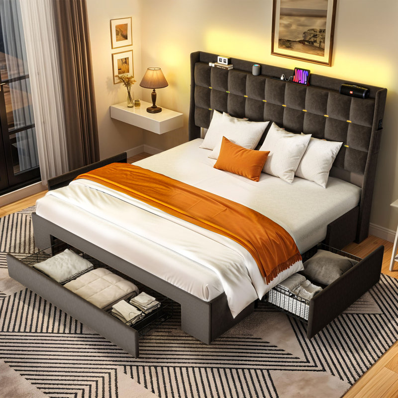 Mercer41 Velvet Upholstered Bed Frame With LED Headboard,3 Rolling Drawers And Power Outlets, Gray, King