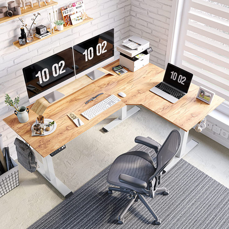 Christeena Height Adjustable L-Shape Standing Desk, Natural/White