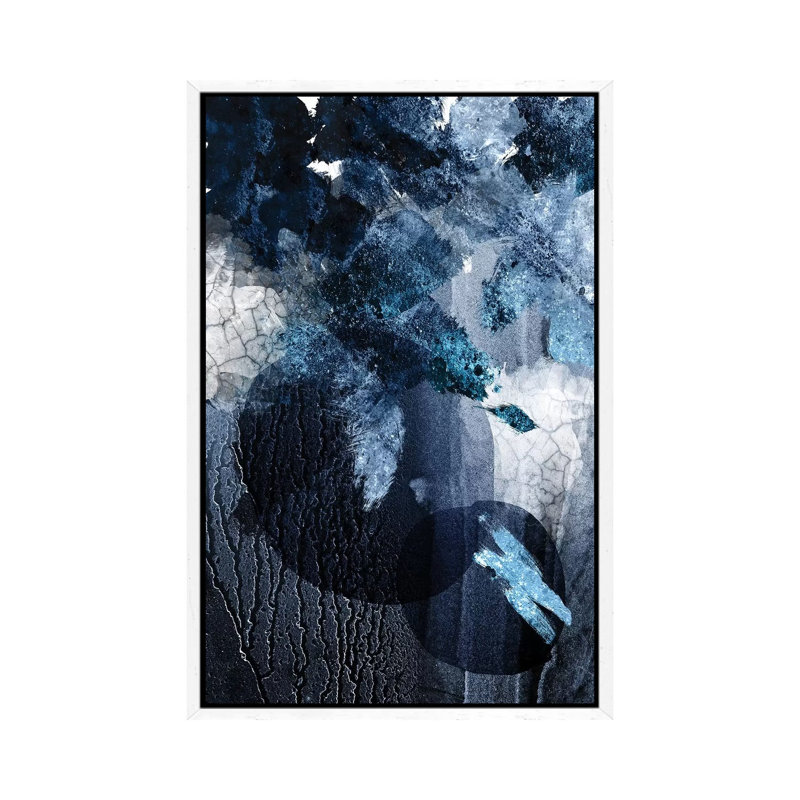 Abstract Navy White I by Urban Epiphany - Painting on Canvas, 66.04cm H x 45.72cm W x 3.81cm D, White Framed