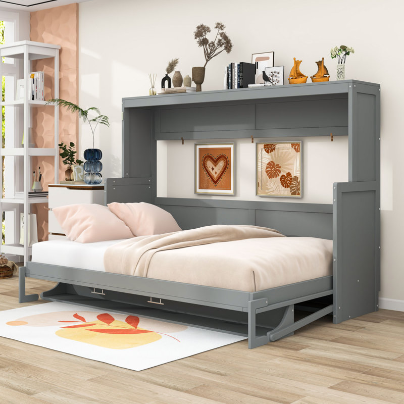 Wall Murphy Bed with Shelves, White, Queen