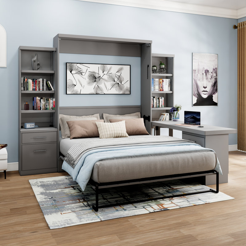Grand lit escamotable de rangement en bois massif Johnniemae, Gris