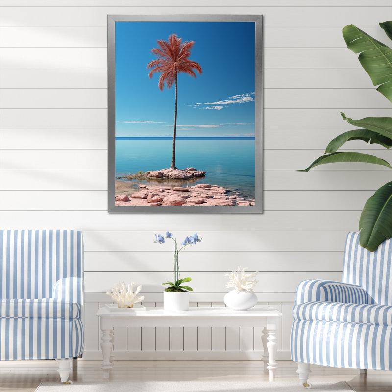 Sea Breeze Blue and Pink Plam Tree III sur toile, H 44 po x l 34 po x P 1,5 po, Cadre photo argenté