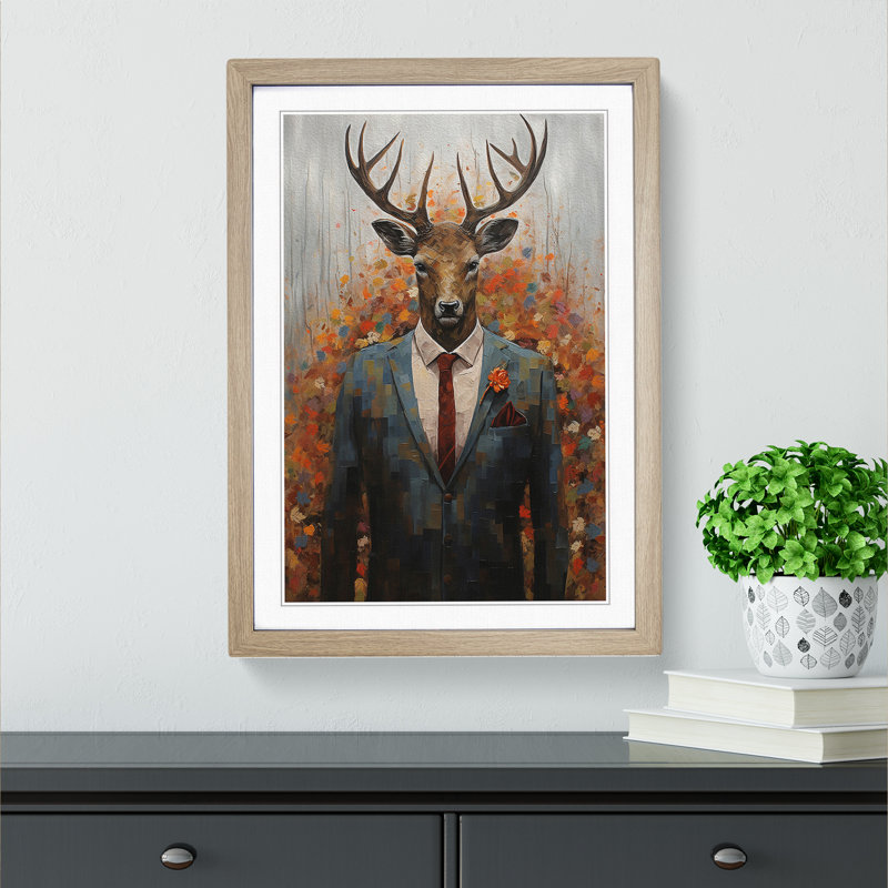 Stag Expressionism - Single Picture Frame Print on Wood, Oak, 34cm H x 25cm W x 2cm D