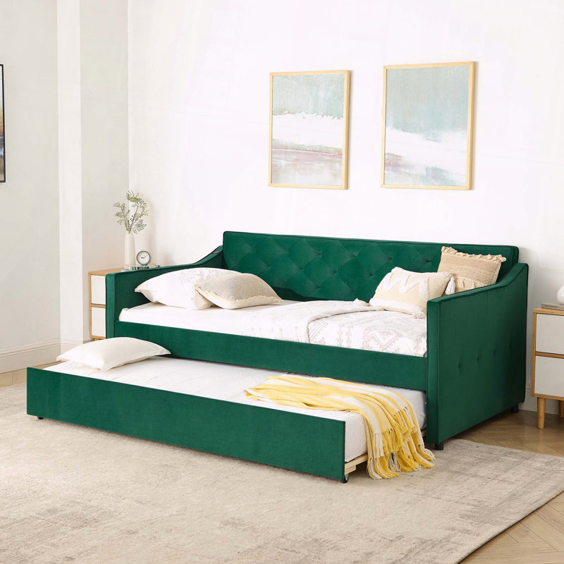 Upholstery DayBed Pop-up Trundle USB Charging Design, Green