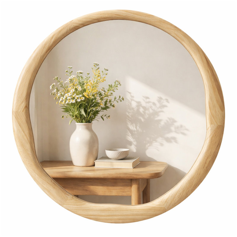 Miroir mural rond en bois massif, 24 po x 24 po, Bois naturel