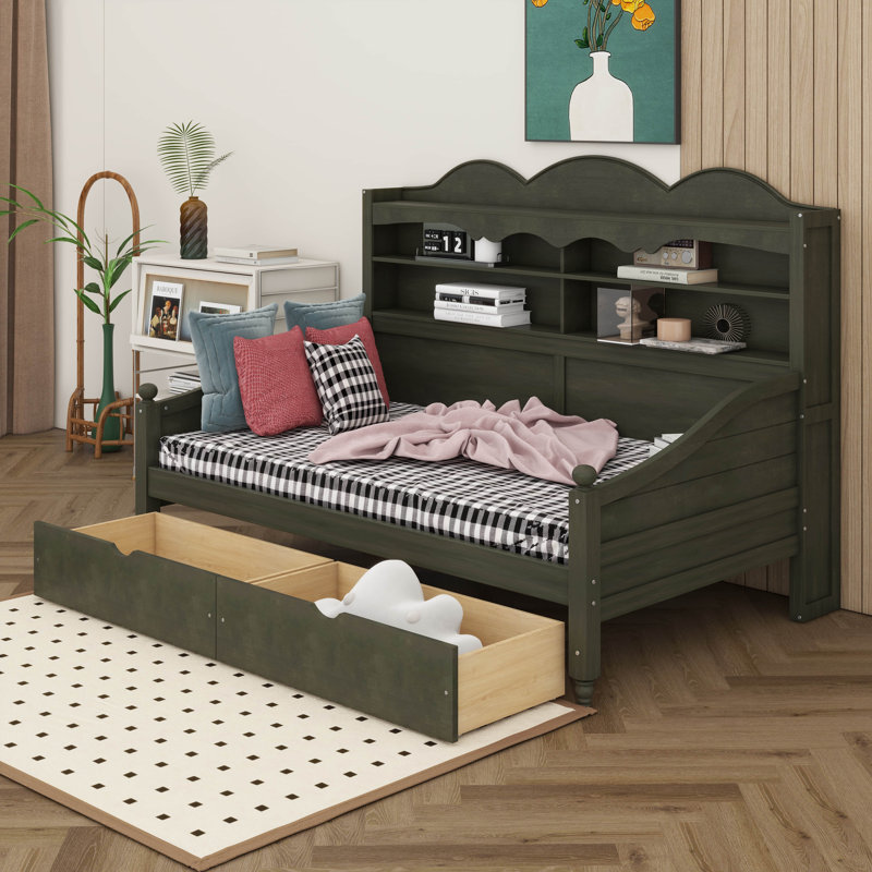 Structure de lit de jour en bois avec tiroirs de rangement et tête de lit à tablettes, aucun sommier nécessaire, Antique Grey