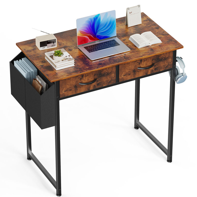 Bureau d'ordinateur 32 pouces avec tiroir et sac de rangement en tissu, Brun