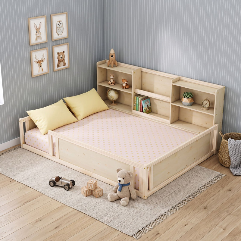 Lit plateforme en bois avec garde-corps et tablettes de rangement latérales, Lit double, Naturel