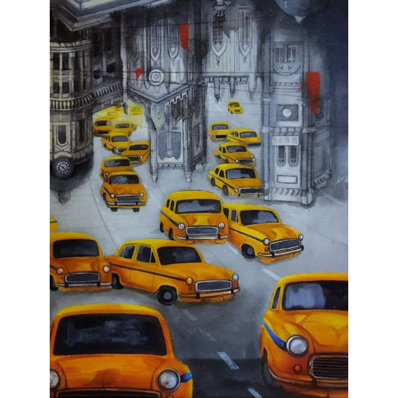«Bunch of Taxi in Kolkata City», peinture acrylique sur toile par Payel Mitra