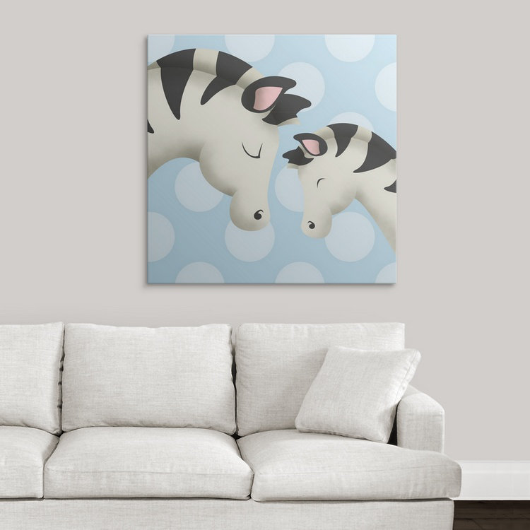 «Zebra Mommy and Baby on Blue», reproduction d'art encadrée pour enfants, H 35 po x l 35 po x P 1,5 po, Bleu, Toile