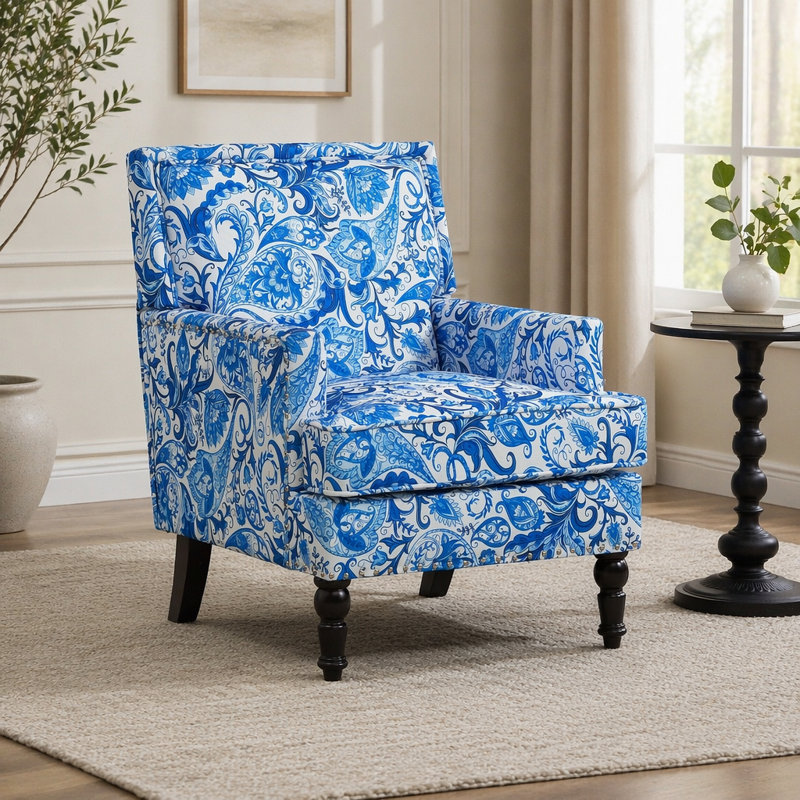 Chaise d'appoint rembourrée, fauteuil vintage avec tissu en lin et garniture cloutée pour le salon
