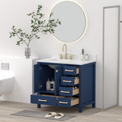 Meuble-lavabo autoportant en bois massif 36 po avec plateau en pierre reconstituée 36 po