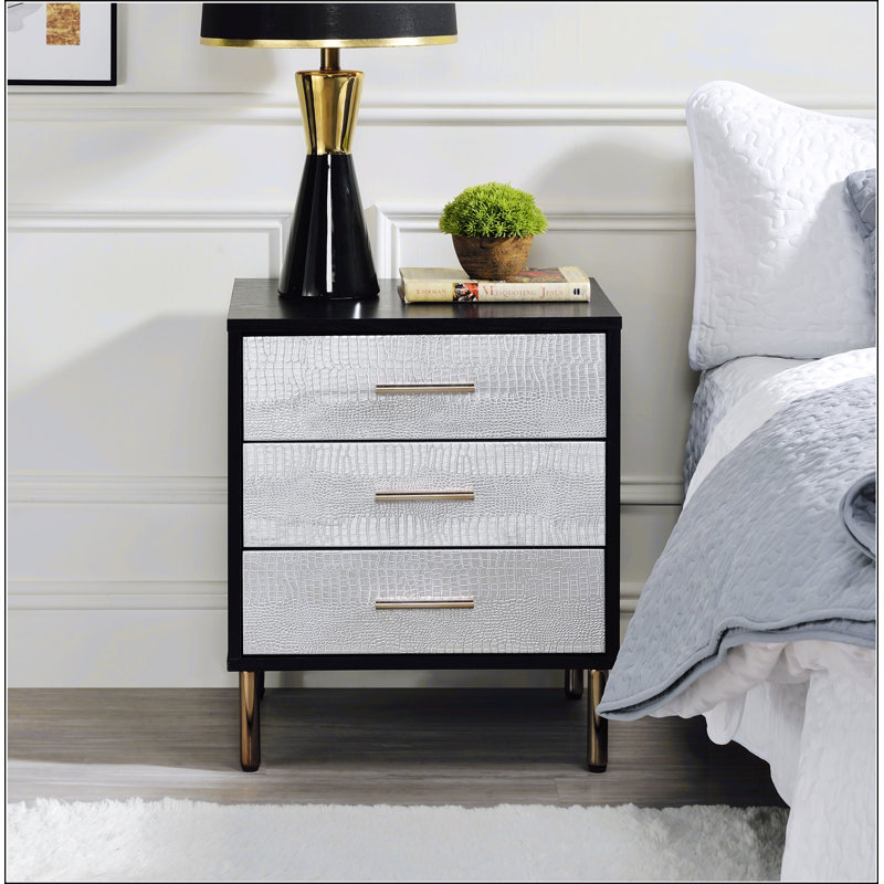 Table de chevet glamour noire avec 3 tiroirs