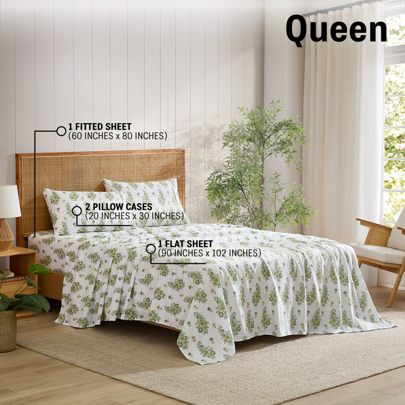 HLC.ME Color Block Printed Floral Bed Sheets - 4 Piece Patterned Bed Sheet Set - Wrinkle Resistant & Soft - Fits Mattresses Up To 15 Inches Deep (Queen, Green)