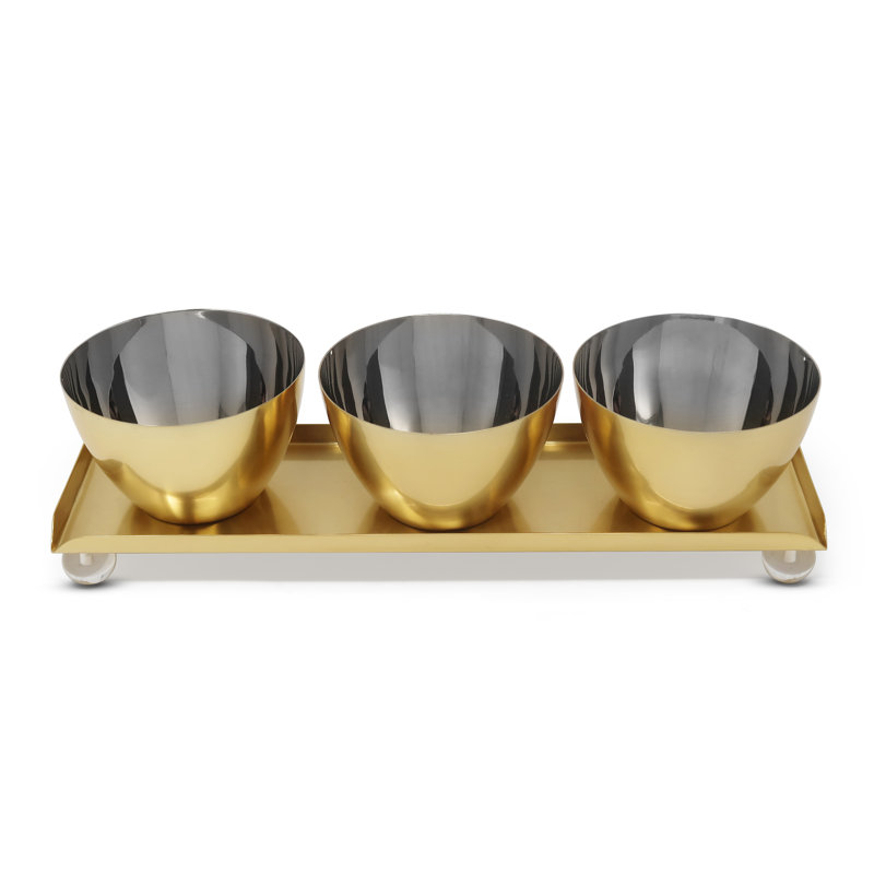Plat à saveur de 3 bols sur plateau doré avec pieds sphériques - L 14,8 po, Or / transparent