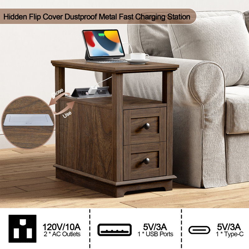 Ayame 2 - Drawer End Table With Storage and Fast Charging Station, Dark Walnut