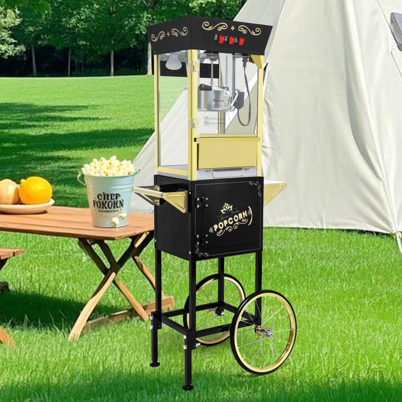 Machine à maïs soufflé 340 g avec chariot - 60,5 x 42,5 x 137,5 cm - Acier inoxydable - 1 pièce - Noir - Cuve en acier inoxydable 850 W avec commande à 3 interrupteurs