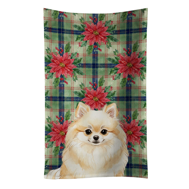 Cream Pomeranian Christmas PoinsettIas Kitchen Towel, Cream Pomeranian