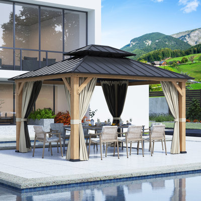 11 Ft. W x 13 Ft. D Solid Wood Patio Gazebo with Netting and Curtains