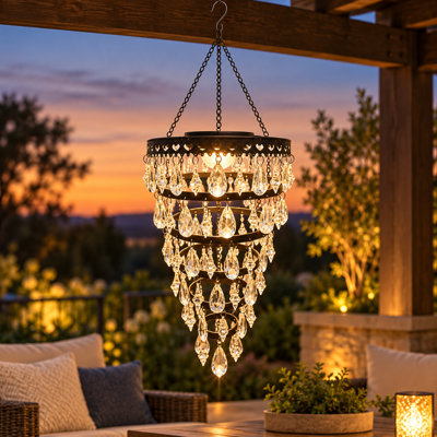26.7"Solar-Powered Acrylic Crystal Outdoor Chandelier