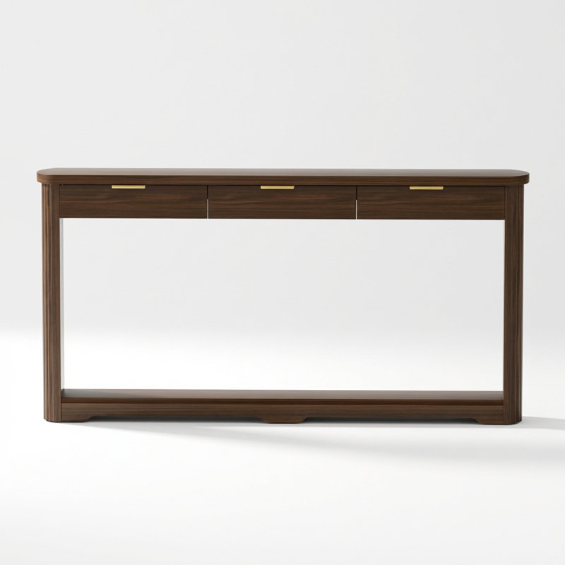 Slim and Curved Wooden Hallway Storage Table with Three Drawers and Decorative Wave-Patterned Design