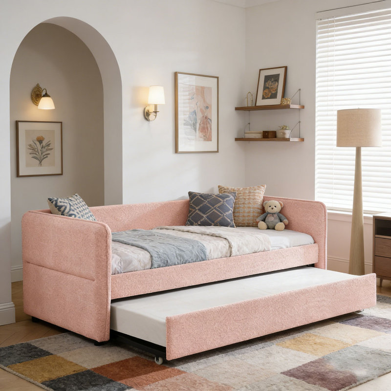 Boucle Fabric Daybed, Pink-Pop-up-Trundle, Twin