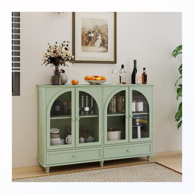 Buffet arqué avec 2 tiroirs, 4 portes vitrées et tablettes réglables