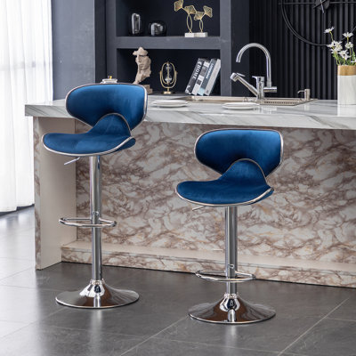 Velvet Upholstered Adjustable Swivel Barstool, Set Of 2