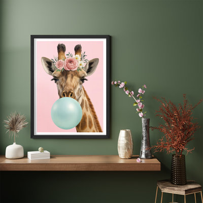 Girafe avec couronne florale, art mural encadré fantaisiste, impression de gomme à bulles pour chambre de fille ou chambre de bébé