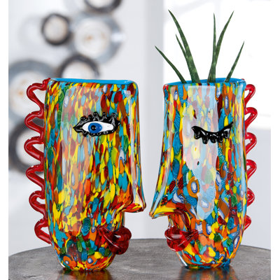 2 Piece Antilles Green/Red/Blue Glass Table Vase Set