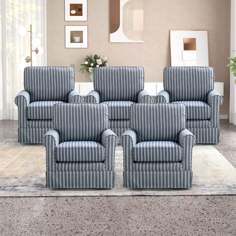 33"W Modern Linen Striped Swivel Upholstered Arm Accent Chair (Set of 5), Blue Fabric
