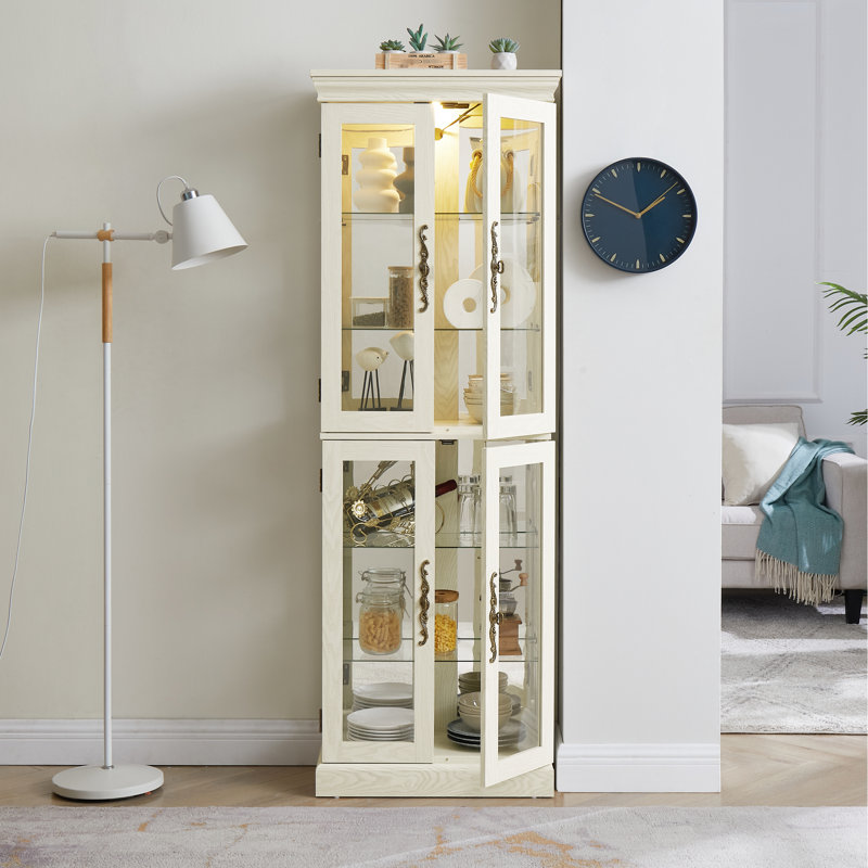 Illuminated Display Case For Different Objects, Antique White Cabinet With Abundant Storage And Illumination Options, White