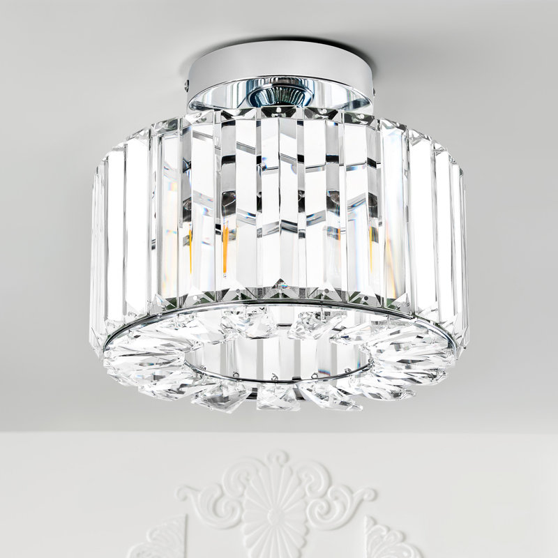 Plafonnier semi-encastré cylindrique en cristal à 1 lumière à intensité variable, Chrome, Une lumière
