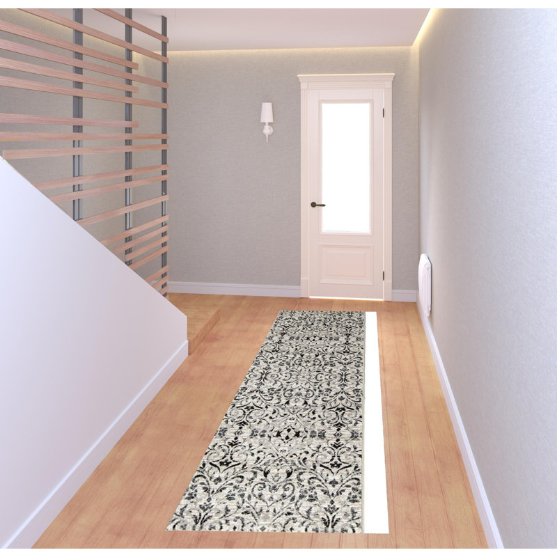Tapis noir / gris tissé à la machine Cooleemee Ikat, Tapis de couloir 2 pi 8 po x 8 pi