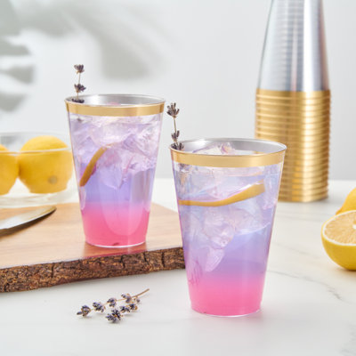 Restaurantware Party Cups 14 oz Pack of 20 Clear Plastic Cups with Gold Rim Disposable, Durable Plastic Glasses Cold Food-Friendly Tumblers for Cocktails at Birthday Parties, Pool Parties