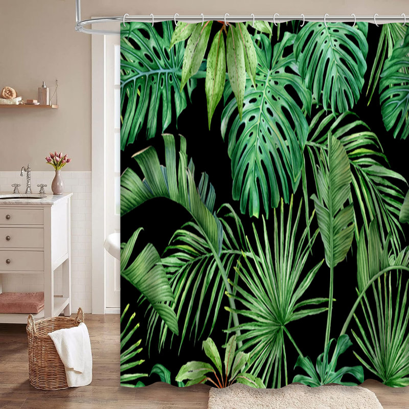 Rideau de douche vert à feuilles de palmier avec 12 crochets Monstera, L 72 po x l 84 po