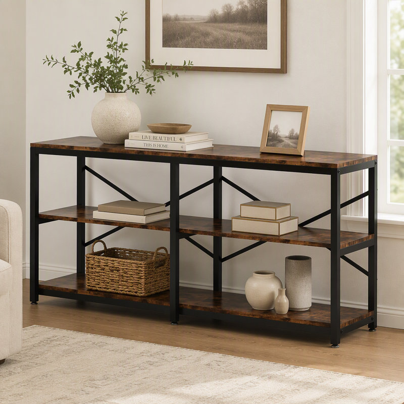 Console à 3 niveaux, canapé de vestibule de 70,9 po de long avec tablettes de rangement, Brown / Black, Brown