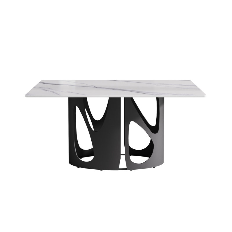 Table de salle à manger moderne 63 po - bureau en pierre frittée blanche, support en métal noir pour 6 pieds blancs, style 6