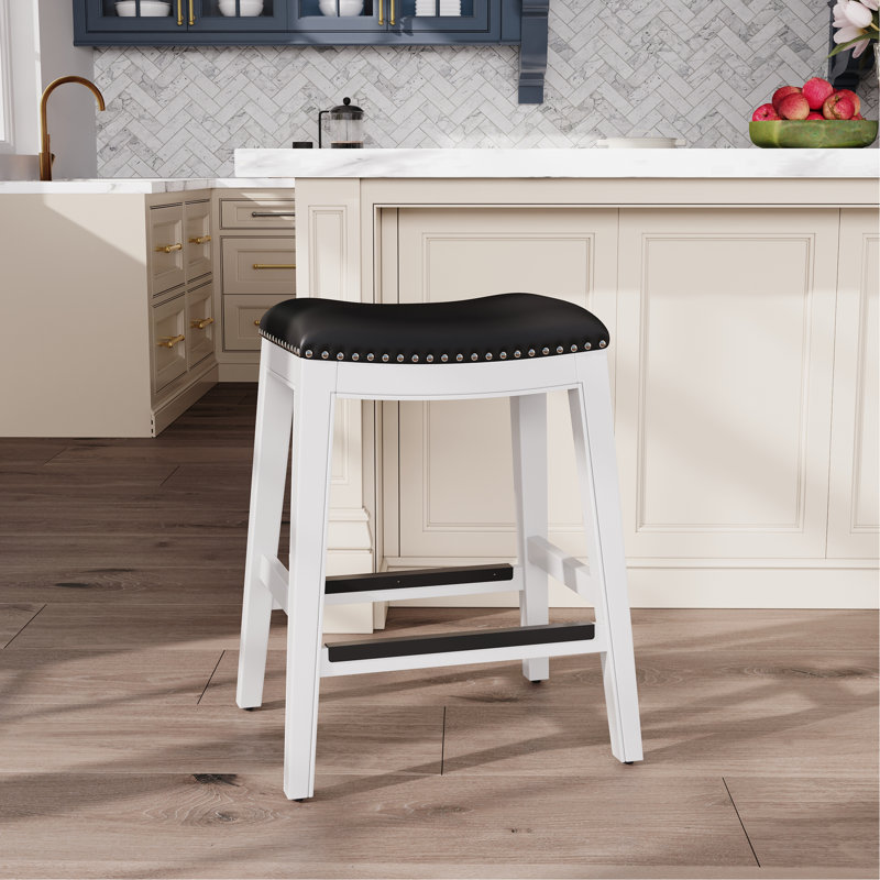 Tabouret de comptoir 24 po, finition blanche, siège en cuir noir, Siège noir / cadre blanc