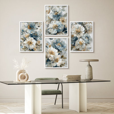 Floral Wall Art Print Set - Elegant Abstract Flower Artwork in Soft Neutral Tones, Framed 4-Piece Set for Living Room or Bedroom Decor