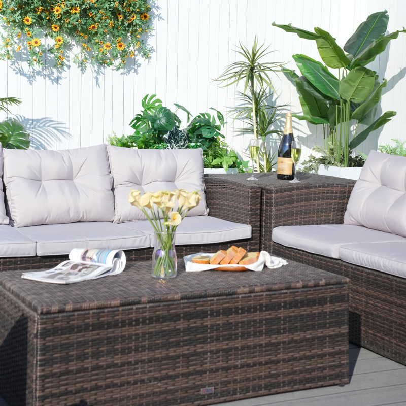 Ensemble de conversation modulaire en rotin 6 pièces avec coussins Tervell, Marron