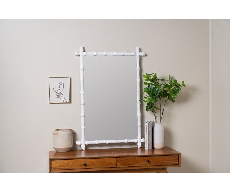 Glossy White Bamboo-Inspired Rectangular Wall Mirror