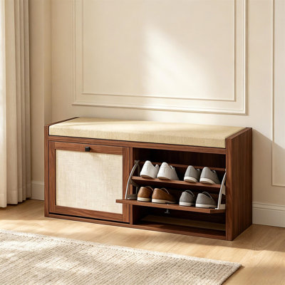 Banc de rangement pour chaussures avec siège rembourré et portes en rotin