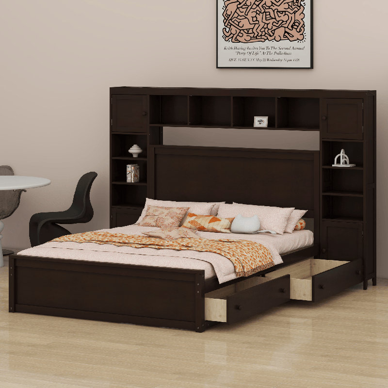 Lit en bois avec armoire, Espresso