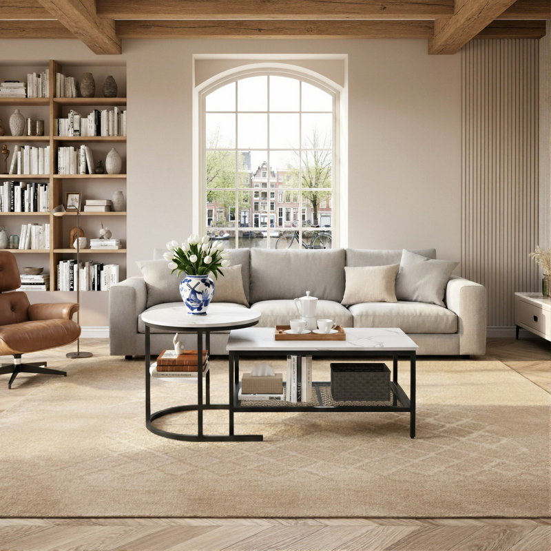 80Cm Modular Coffee Table Set (Set Of 2), Interlocking Round Side Table & Rectangular Table With Shelf, Gold & Black, Black