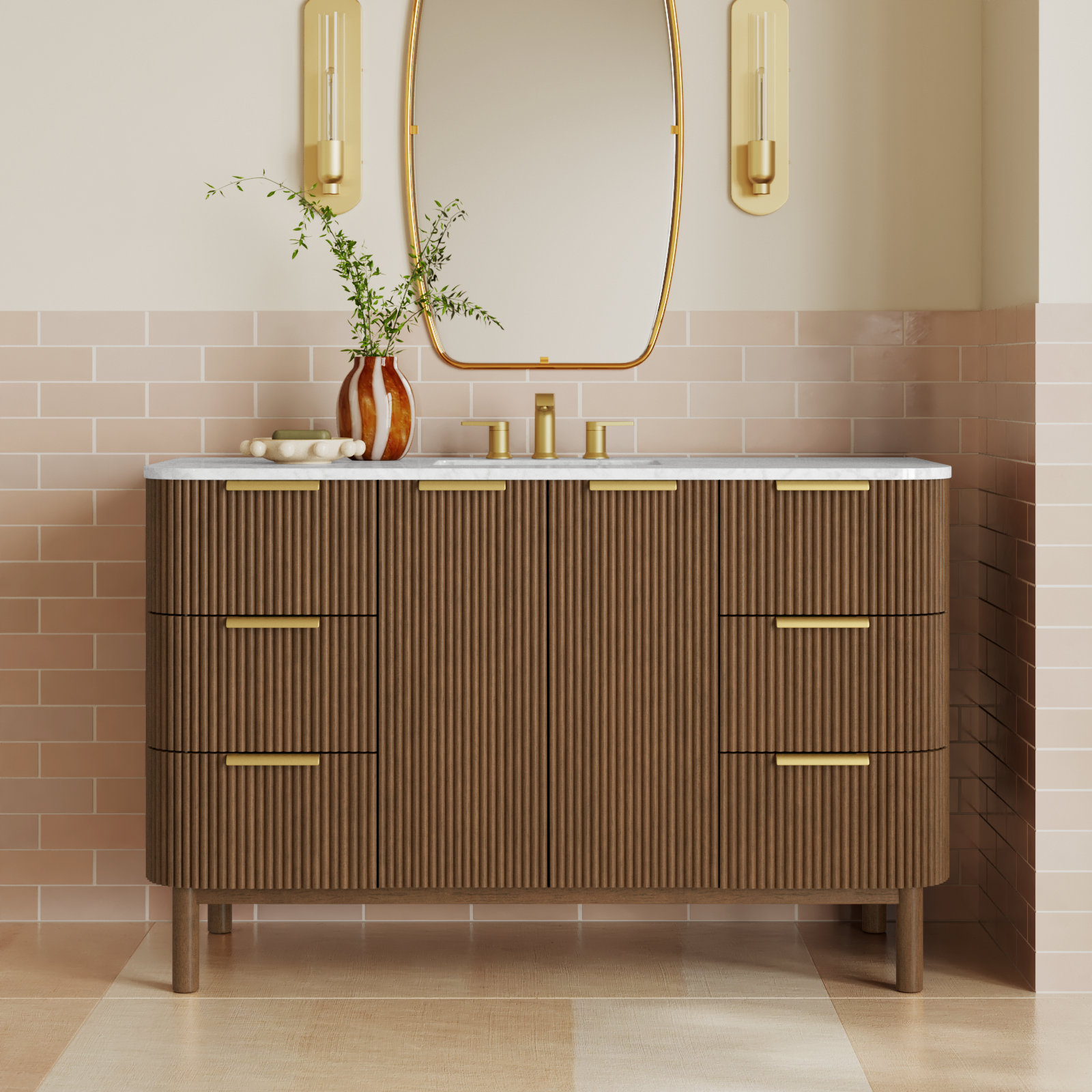 Nova 55" Marble Top Single Sink Vanity, Brown Reeded Birch