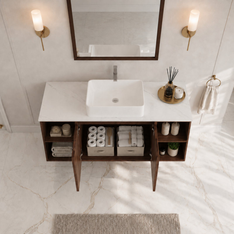 Meuble-lavabo flottant moderne 48 po avec plateau en pierre frittée résistant aux taches, tablettes ouvertes et armoire murale en bois pour petits espaces