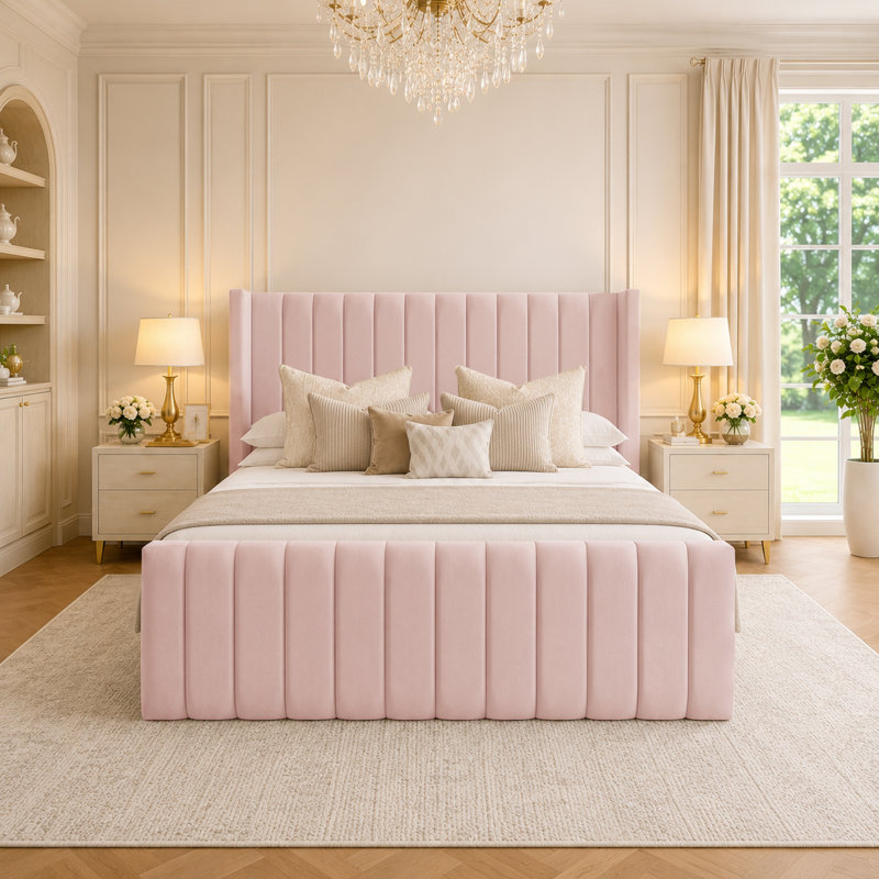 Upholstered Velvet Bed, Super King (6'), Pink