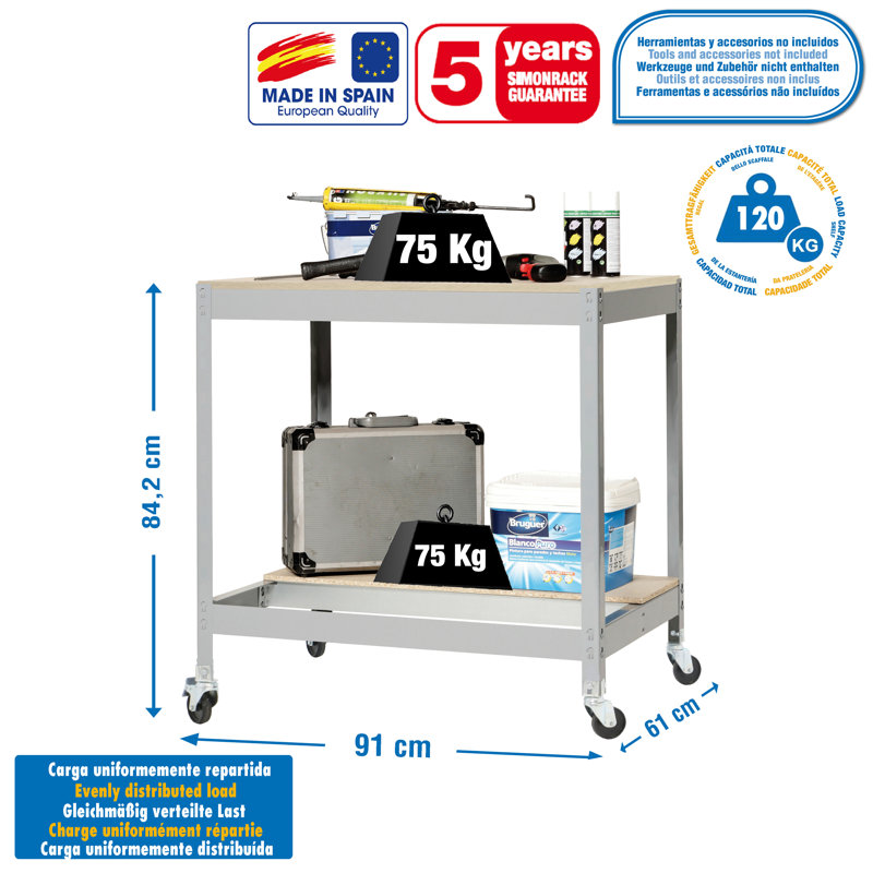 Wood Top Workbench with Wheels, 91.7cm H x 91cm W x 61cm D